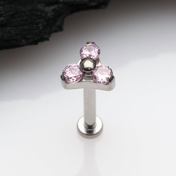 Detail View 1 of Implant Grade Titanium OneFit Threadless Trinity Gem Sparkle Top Flat Back Stud Labret-Pink